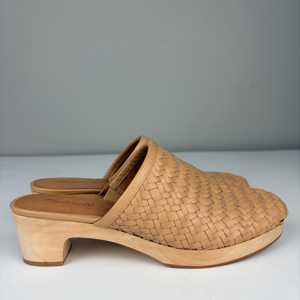 Madewell Jordyn Woven Leather Mule Clogs Womens 11 Tan Wooden Heel Slip On